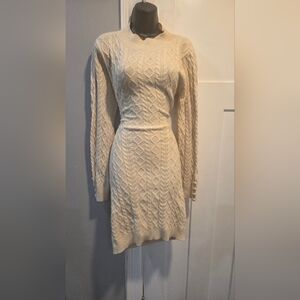 Cable Knit Long Sleeve Sweater Dress in Cream